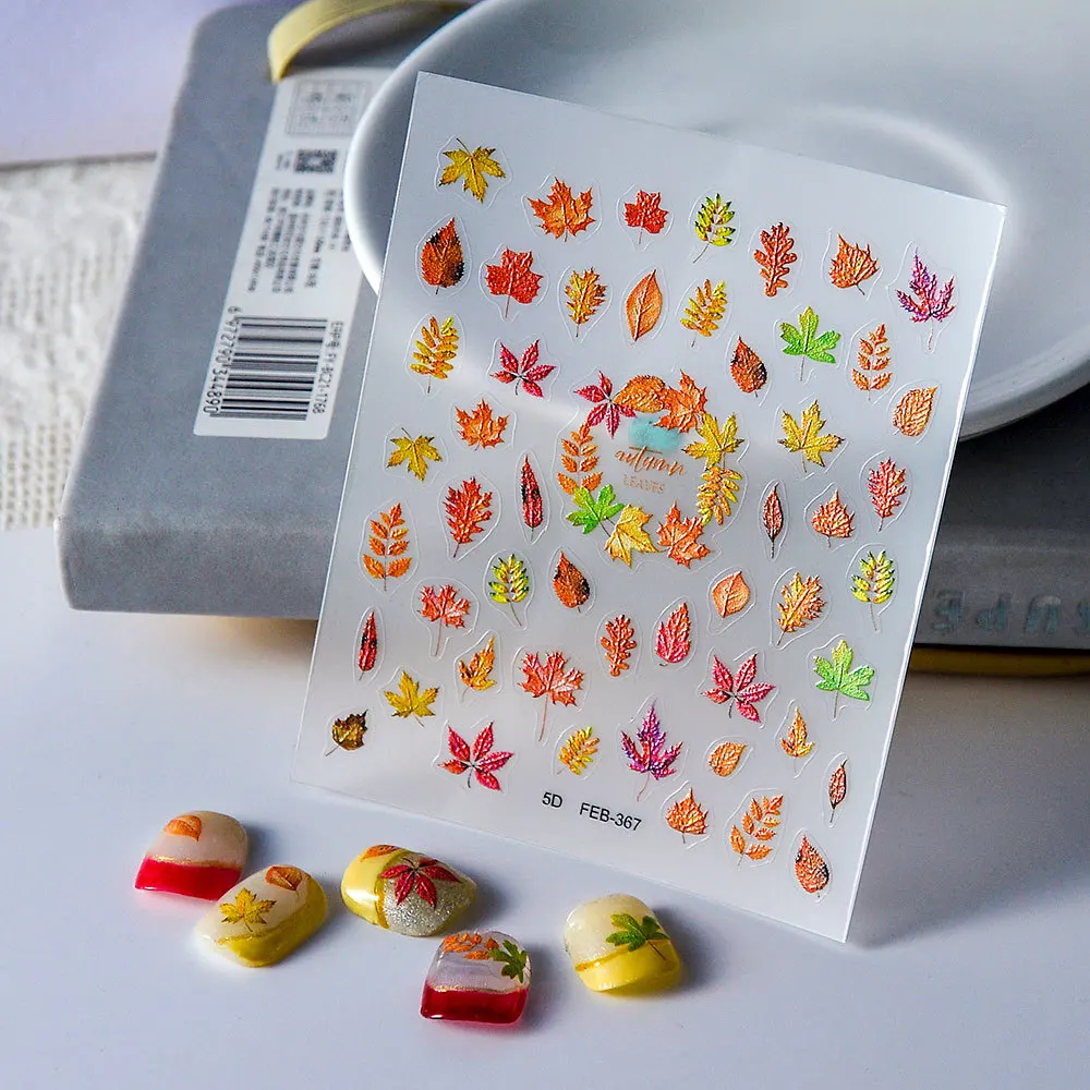 

5D Embossed Orange Nail Art Stickers Maple Leaf Pattern Ultra-thin Design Decor Charm Sliders Manicure Decals Nail Tips Supplies