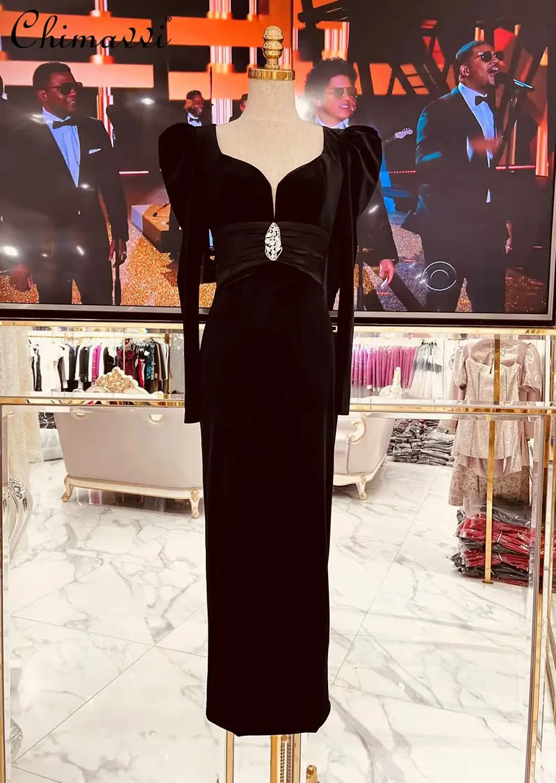 

New French Retro Black Velvet Slimming Girdle Drill Buckle Split Dress for Women Light Lux Dignified Goddess Long Dresses