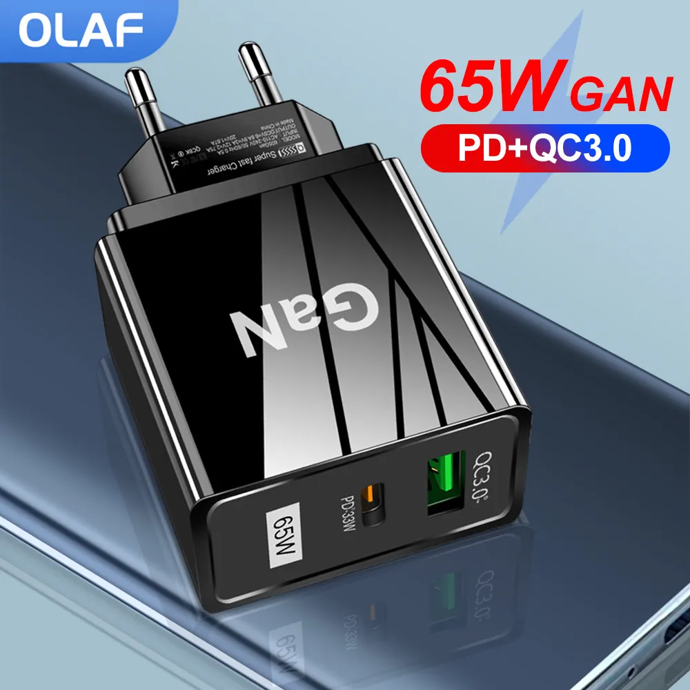 

OLAF 65W GAN Fast Charger QC3.0 Type C PD Charge Smart Quick Charging 3.0 USB C Adapter For iPhone Macbook Huawei Xiaomi Samsung