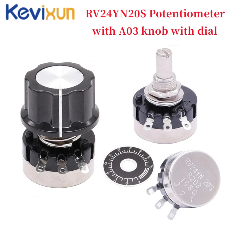 1Set(3PCS) RV24YN20S 1K 2K 5K 10K 20K 50K 100K 1M ohm Single Turn Carbon Film Rotary Taper Potentiometer with A03 knob with dial