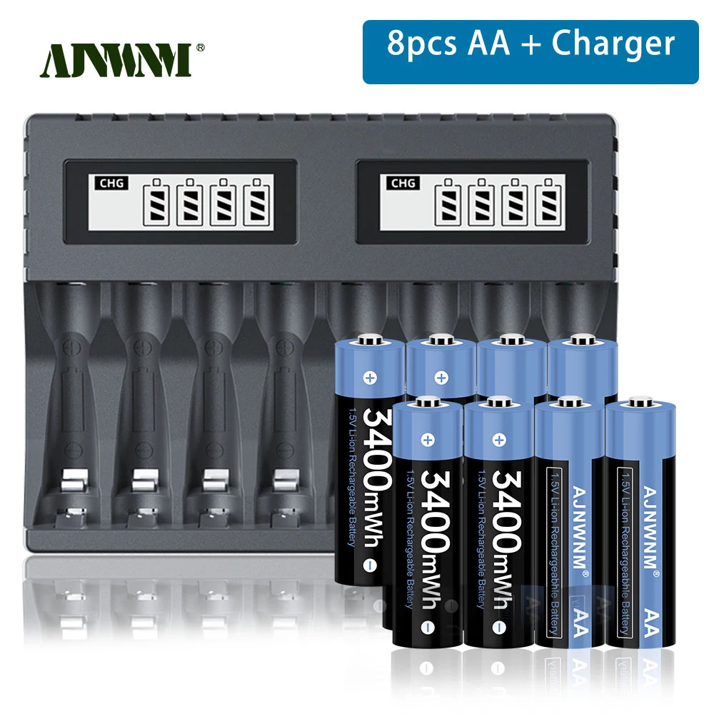 

AJNWNM Original AA 1.5V Rechargeable Lithium Battery 3400mWh Large Capacity Li-ion Battery With 8 slot 1.5V Battery Charger