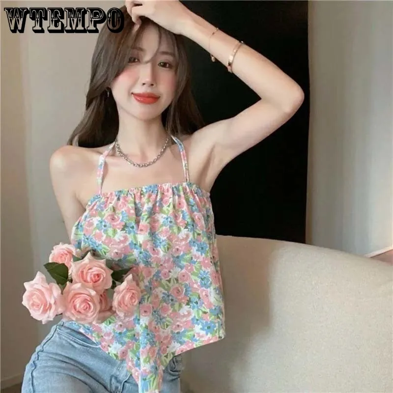 Sexy Floral Top Women Blouse Retro Flower Print Y2K Crops Tops Hot Halter Strap Camis Backless Vest Outdoor Casual Tank Top