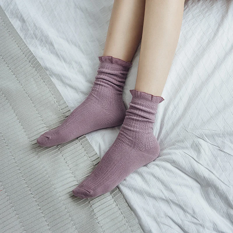Однотонные женские хлопковые термоноски с рюшами и свободные длинные носки в