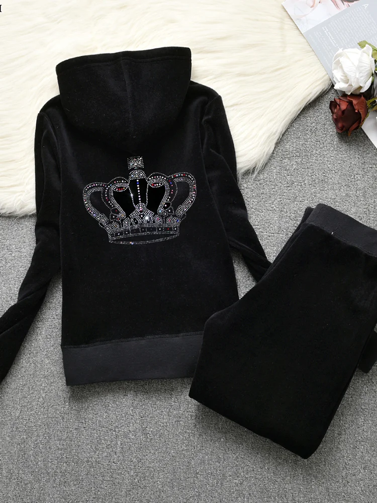 Women Hoodie Sweatshirt Sewing Suit Diamond Crown Zipper and Pants and Top Women Sportwear Female Clothing Velour Tracksuit