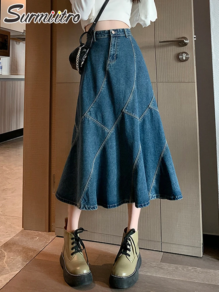 

SURMIITRO 2022 Summer Korean Fashion Blue Denim Midi Long Skirt Women High Waist A Line Jeans Skirt Female