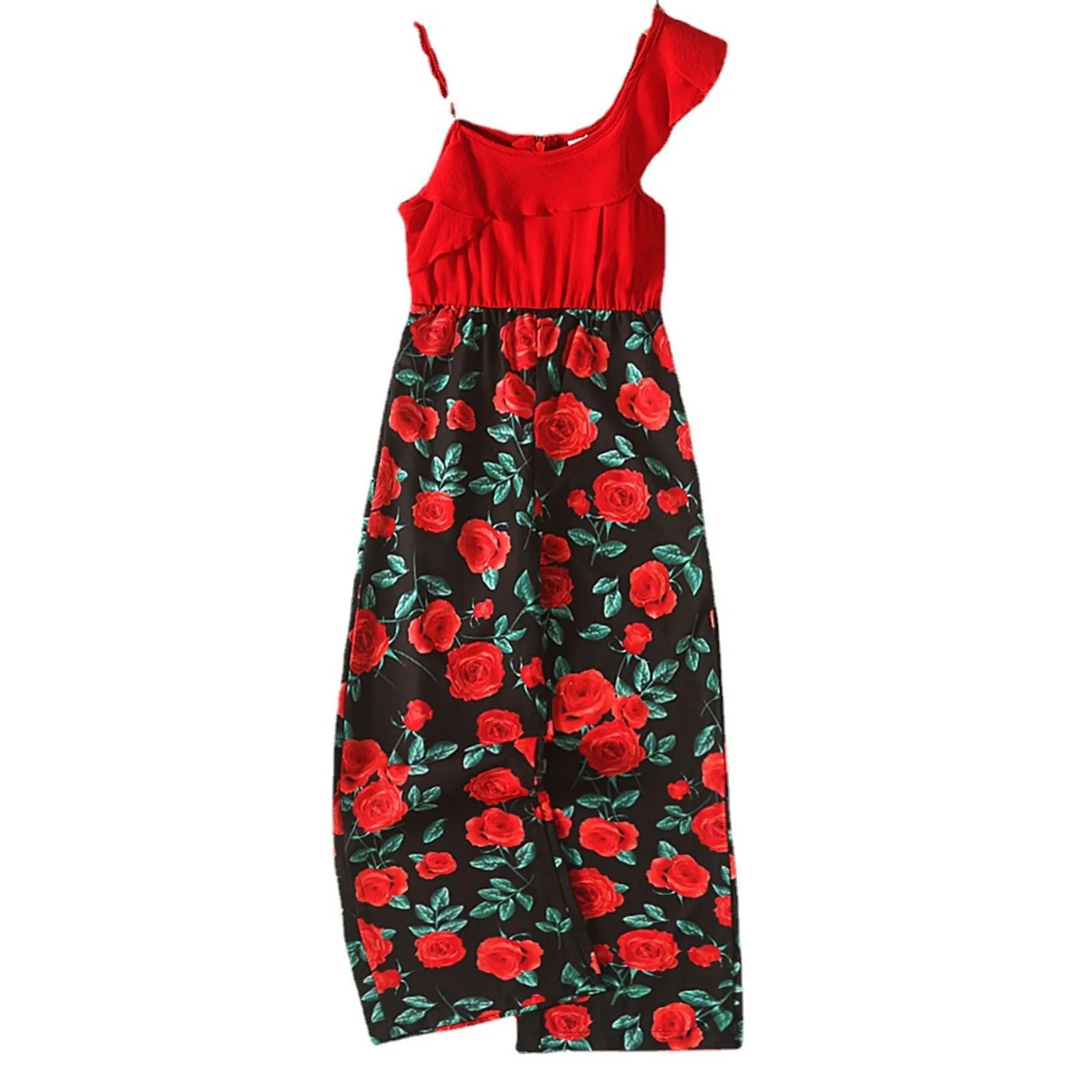 

Little Child Baby Girls Jumpsuit Red Retro Floral Print Halter Fly Sleeve Jumpsuit 8—12Y Baby Girl Romper Fall