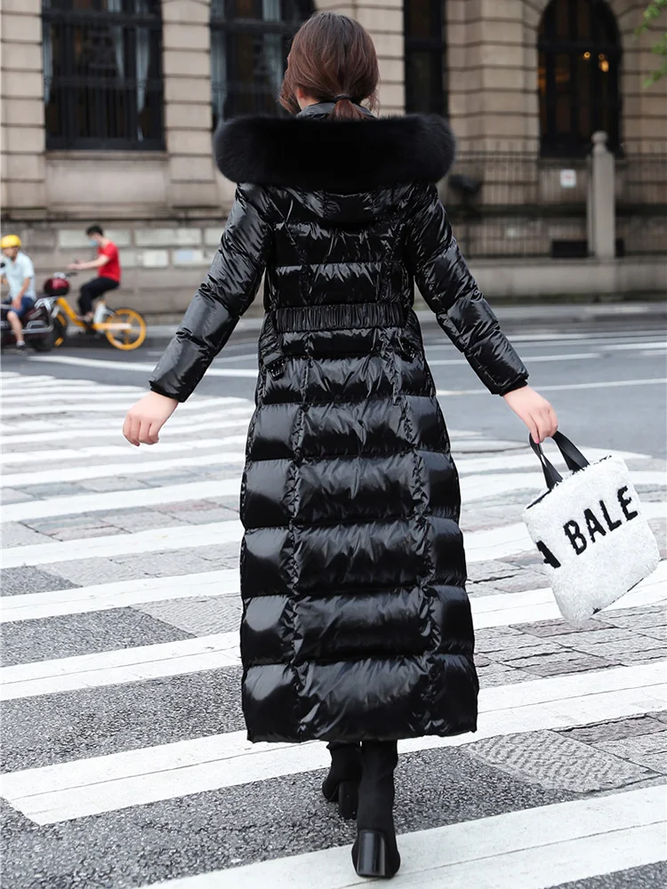 New Women Long Down Coat Winter Fashion Wash Free Glossy Surface Real Fox Fur Collar Thicken Down Jacket Strecth Belt Overcoat