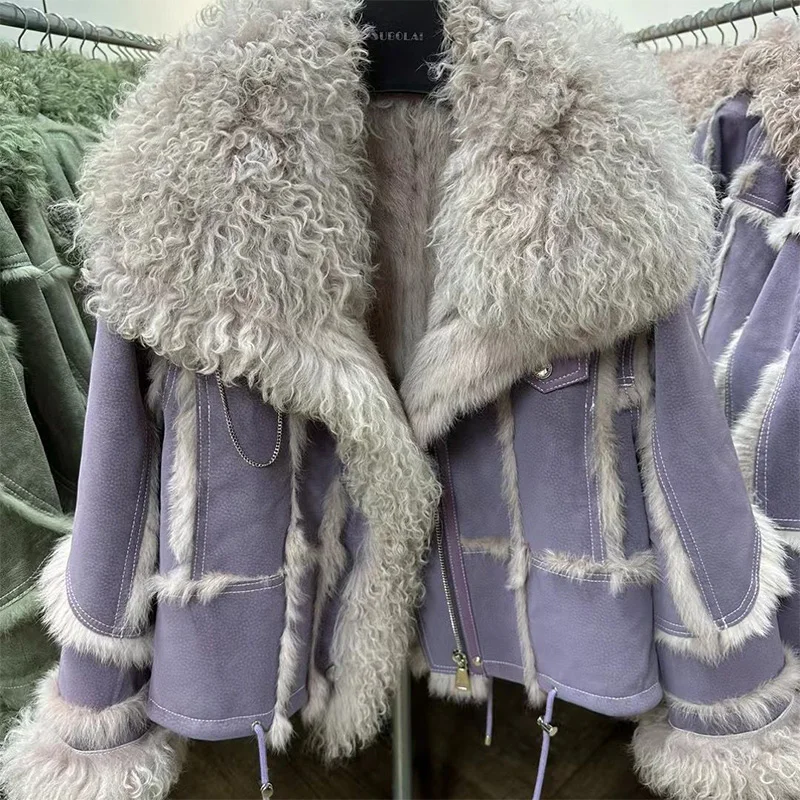 Женское короткое пальто с воротником из овечьей шерсти подкладкой натурального