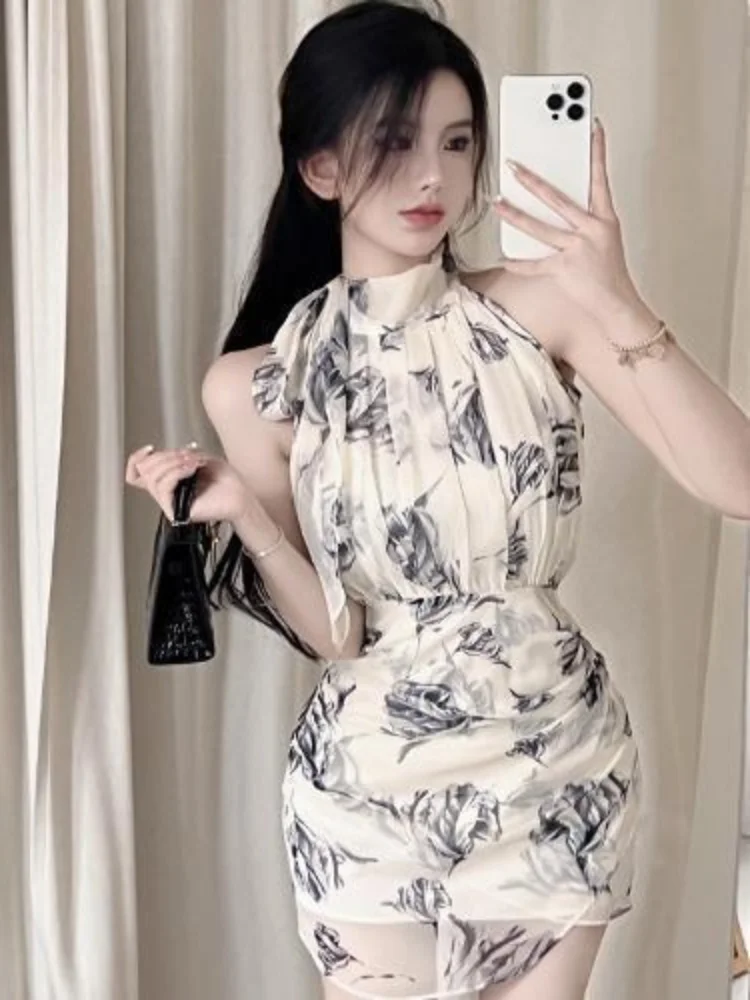 

QWEEK Chinese Vintage Chiffon Halter Dress Women Retro Floral Elegant Off Shoulder Bodycon Wrap Slim Short Dresses Party 2023
