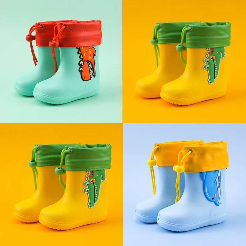 Rain Boots Kids Girl Winter Cute 3D Rainboots Dinosaur Children's Boys Boots Plush Warm Ankle PVC Waterproof Toddler Water Shoes