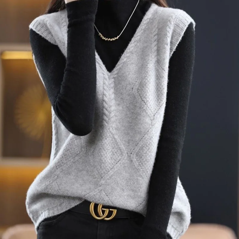 Женский однотонный пуловер без рукавов с V-образным вырезом