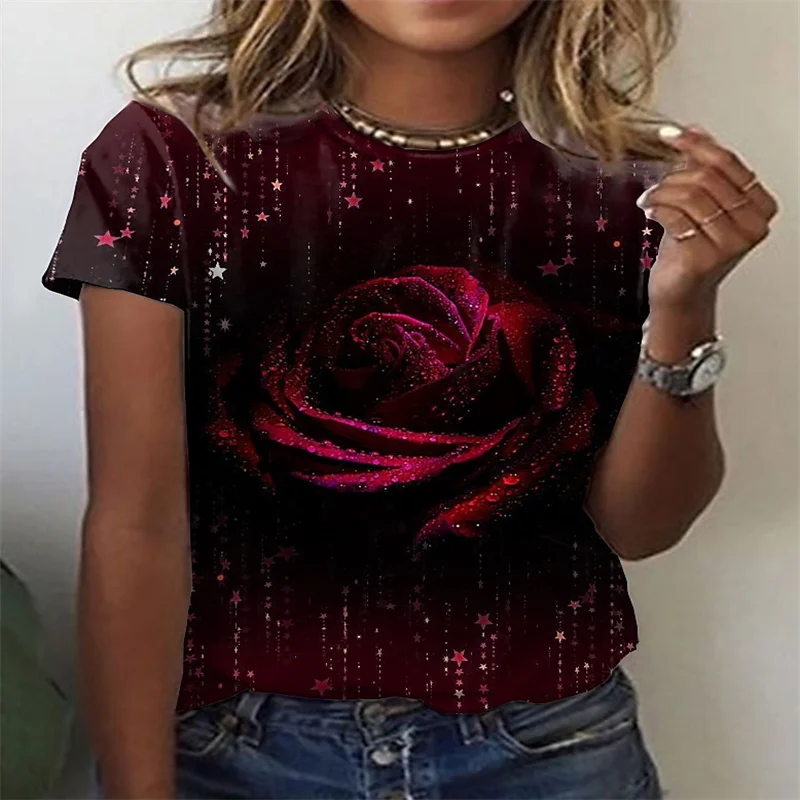 

New Top Ladies Flower Theme Printed T-Shirt 3D Rose Loose Round Neck Short Sleeve Summer