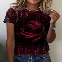 new top ladies flower theme printed t shirt 3d rose loose round neck short sleeve summer