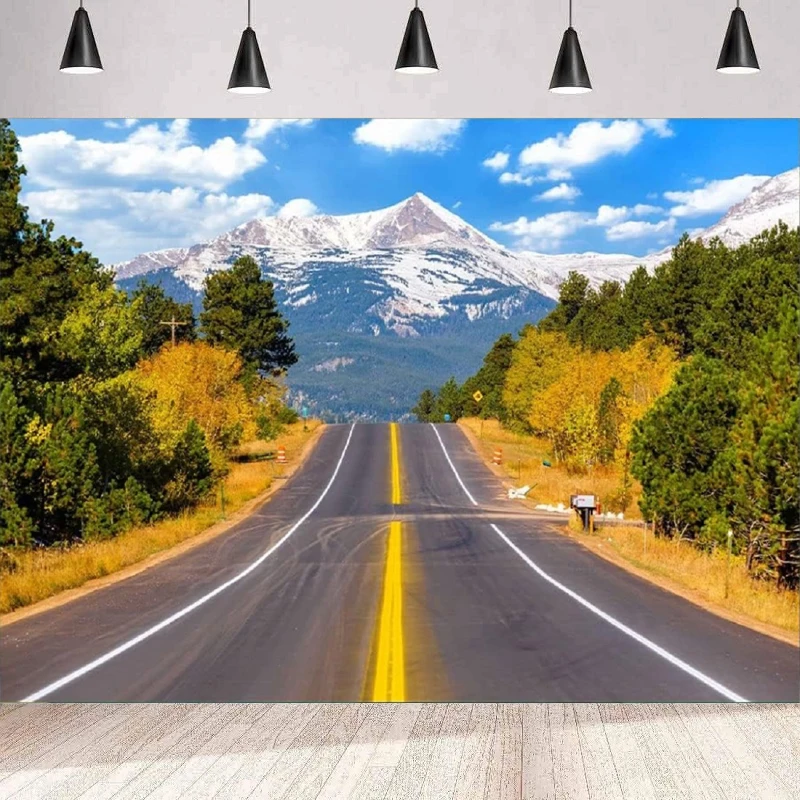 Осенний дорожный фон для фотосъемки с желтыми листьями трава снежное покрытие