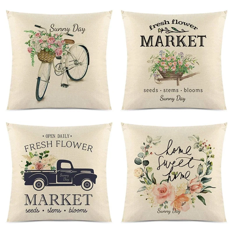 

Summer Pillow Covers 18X18 Inches, Set Of 4 Farmhouse Summer Decorative Throw Pillow Cover, For Home Living Room Sofa