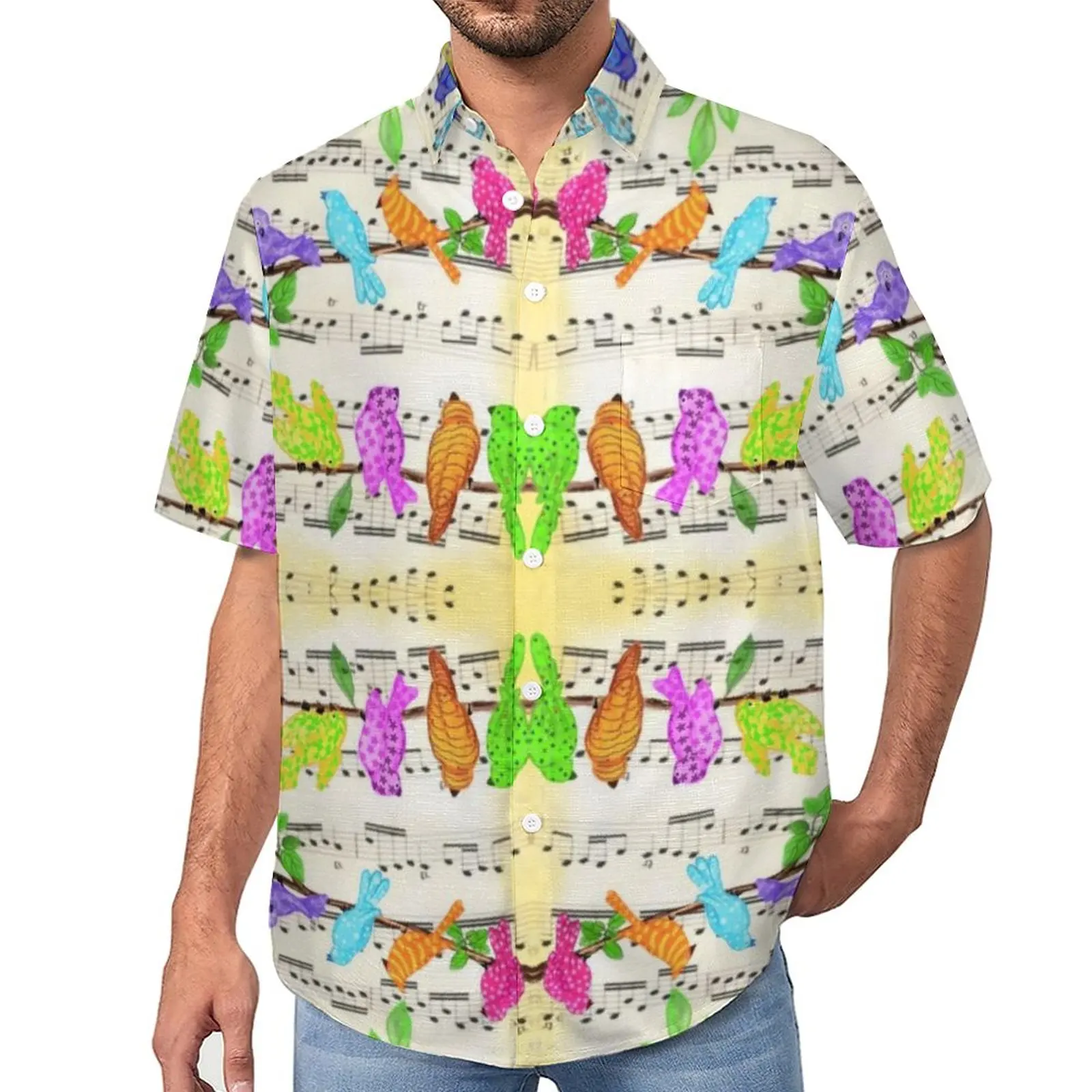 

Musical Birds Print Loose Shirt Vacation Cute Colorful Animal Casual Shirts Hawaii Custom Short Sleeve Retro Oversize Blouses