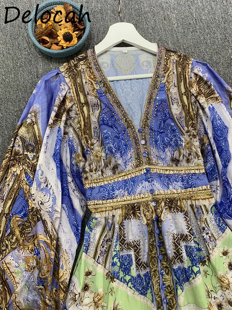 Богемное модное однобортное платье-мини Delocah с рукавами-фонариками и V-образным