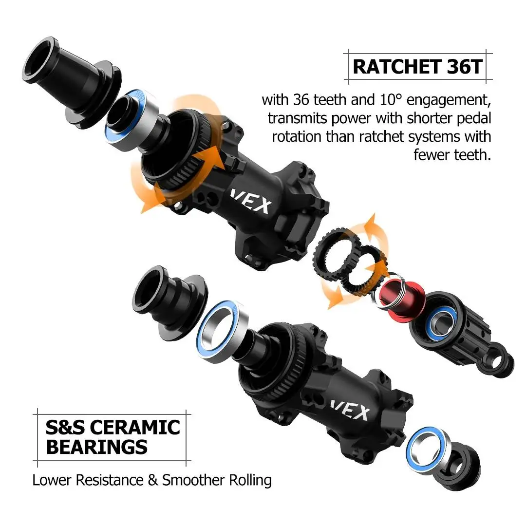 Фото Карбоновый вилсет VEXA ROAD AERO с дисковыми тормозами, 36T Ratchet Hub, бескамерные, внутренняя ширина 23 мм, керамические подшипники, 1371 г, легкий вес №5