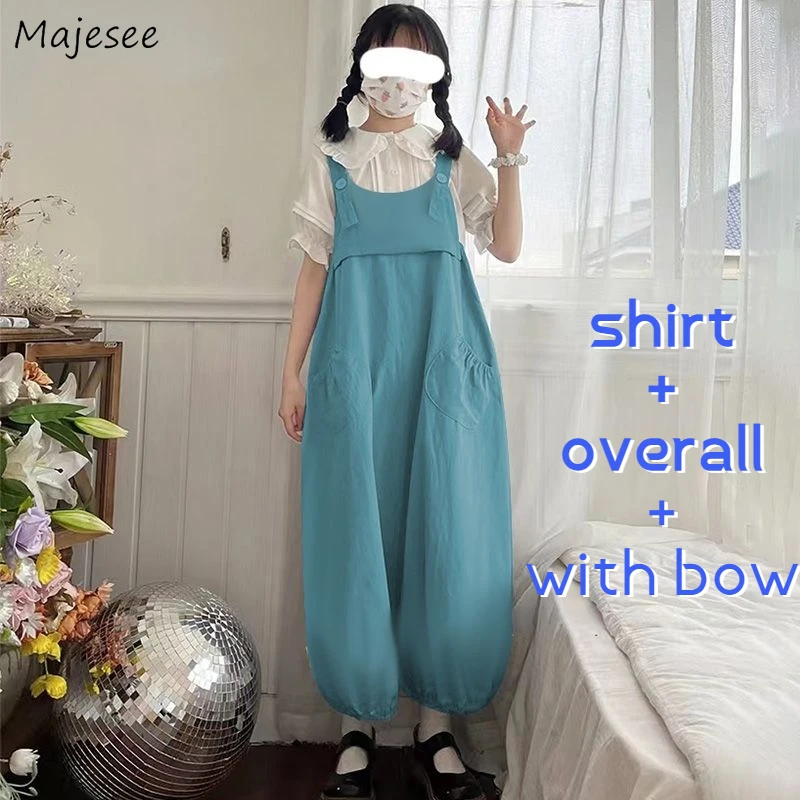 

Женские комплекты из 2 предметов, рубашка с воротником «Питер Пэн», милый однотонный комбинезон, летняя уличная одежда в японском стиле, сти...