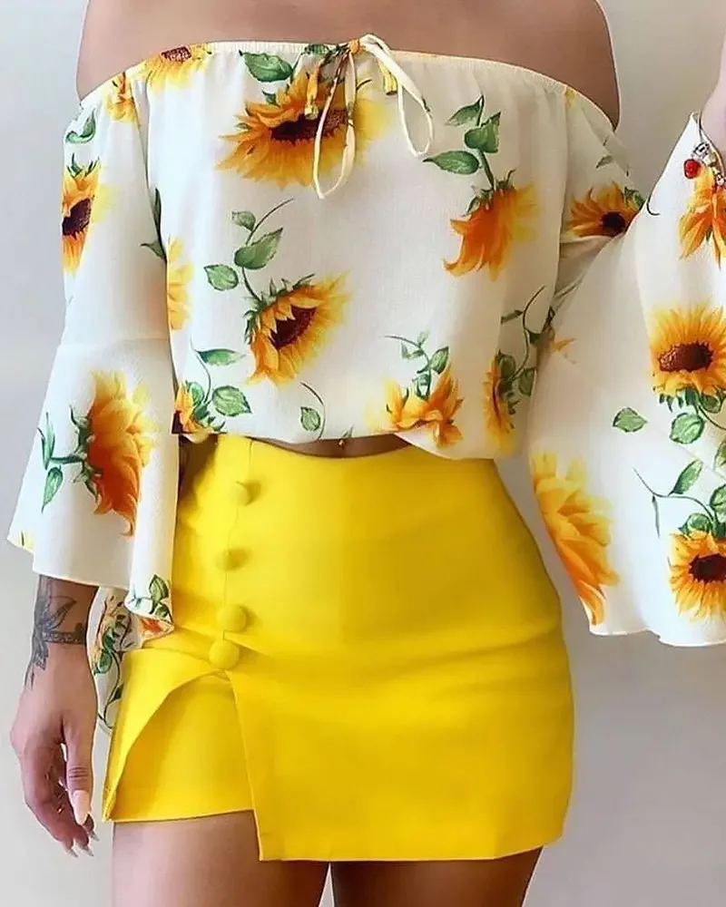 

2022 Fashion New Women's Summer & Spring Bell Sleeve Sunflower Print Off Shoulder Top & Skort Set Female Casual Office Sexy Clo