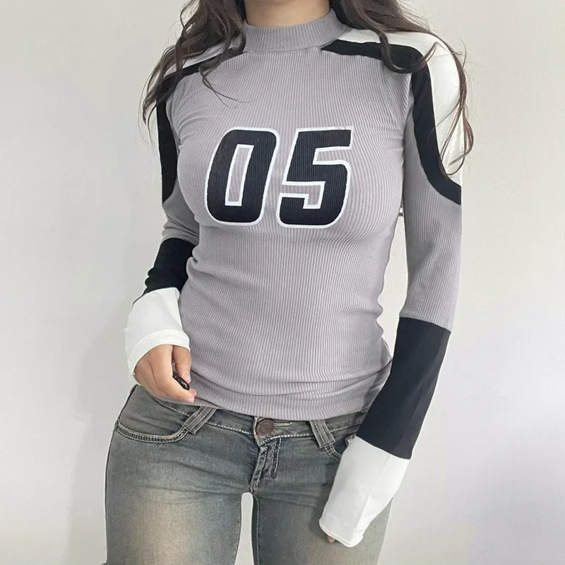 

INS American Girls' Sporty Style Digital Print Contrast Raglan T-shirt Slim Fit Round Neck Versatile Casual Bottom Top