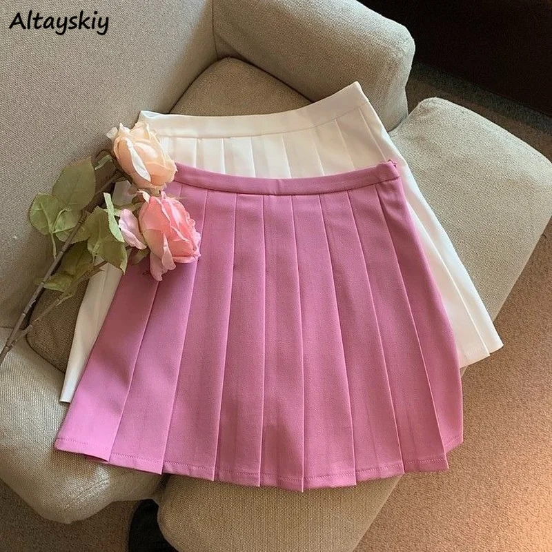 

Skirts Women Folds College Sweet Ins Летние Мини Юбки Solid A-line Slim Korean Style Trendy Basic Design Retro Elegant Simple