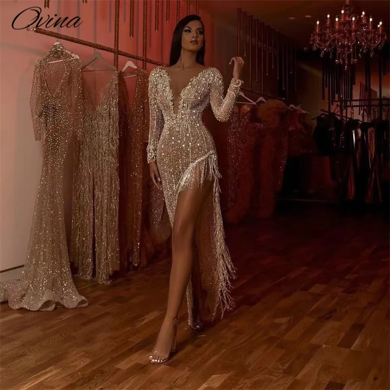 

Free Ship Elegant Luxurious Evening Dress Fall Winter New Ladies Long Sleeves Shiny Sequins Chain Fringe Design Mesh Panel Dres