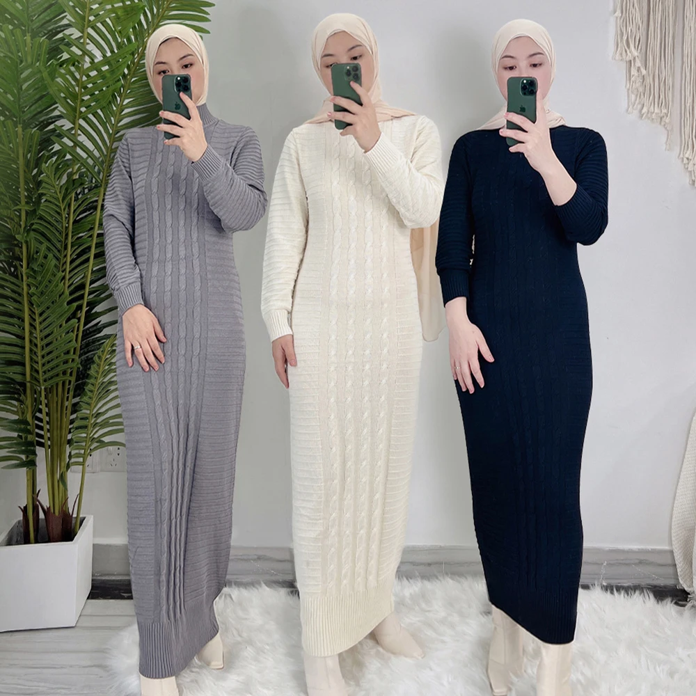 

New Stylish Fall and Winter Design Ladies Knit Dress Muslim Casual Long Women Maxi Under Dresses Abaya Knit Sweater Inner Dress