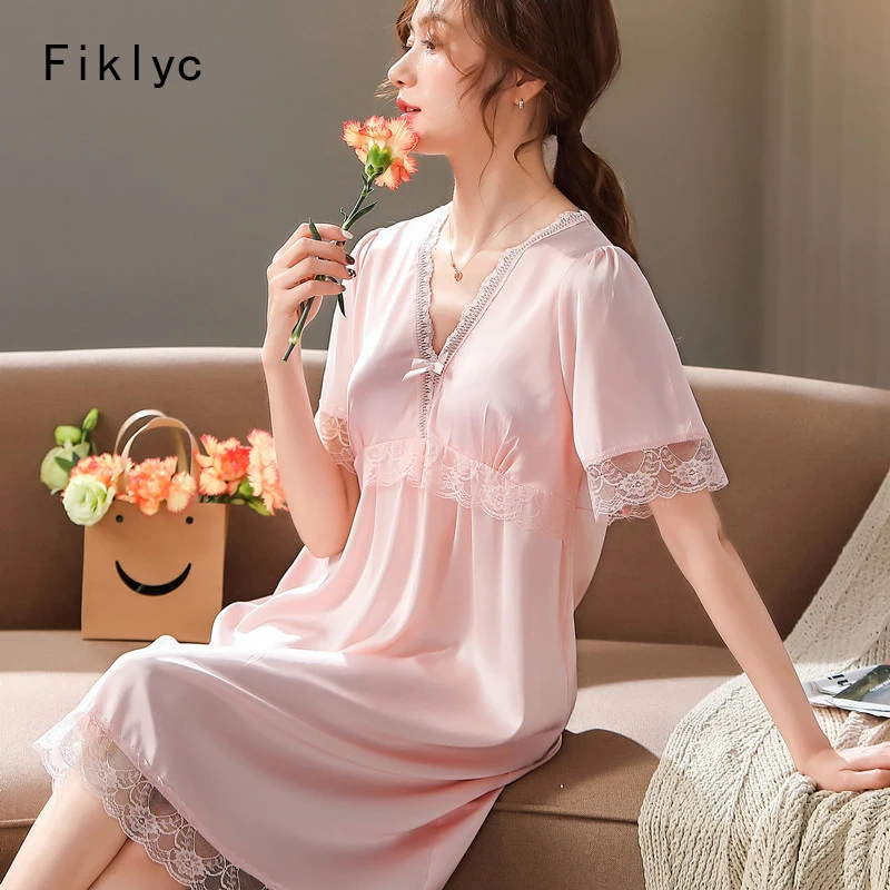 

Fiklyc Half Sleeve Newest Female Sexy V Neck Simple Nightdress Pad Young Girls Student School Nightwear Spring Summer Nightwear