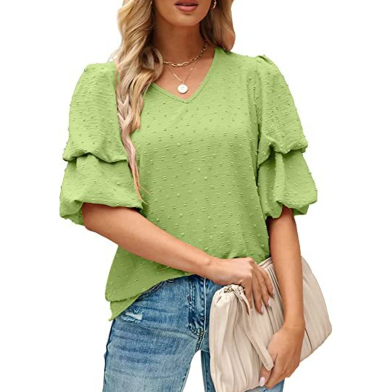 

Summer Woman V-neck T Shirt Casual Female Daily Commute Short Sleeve Blouse