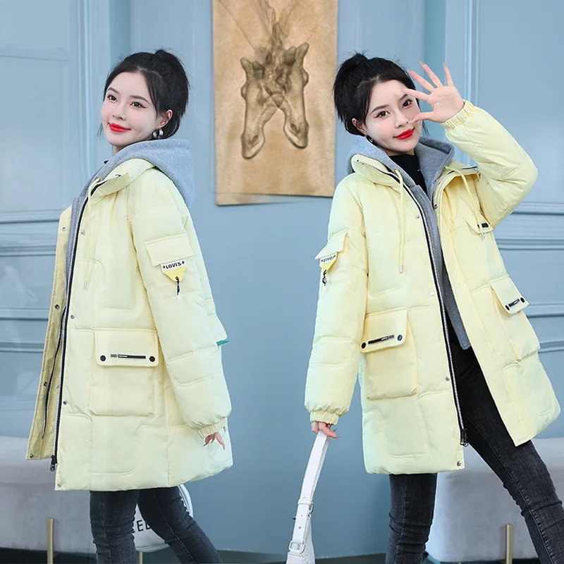 

2022 Winter New Long Bread Coat Women's Down Cotton Coat Fake Two-piece Cotton Coat Casual Cotton Jacket Women