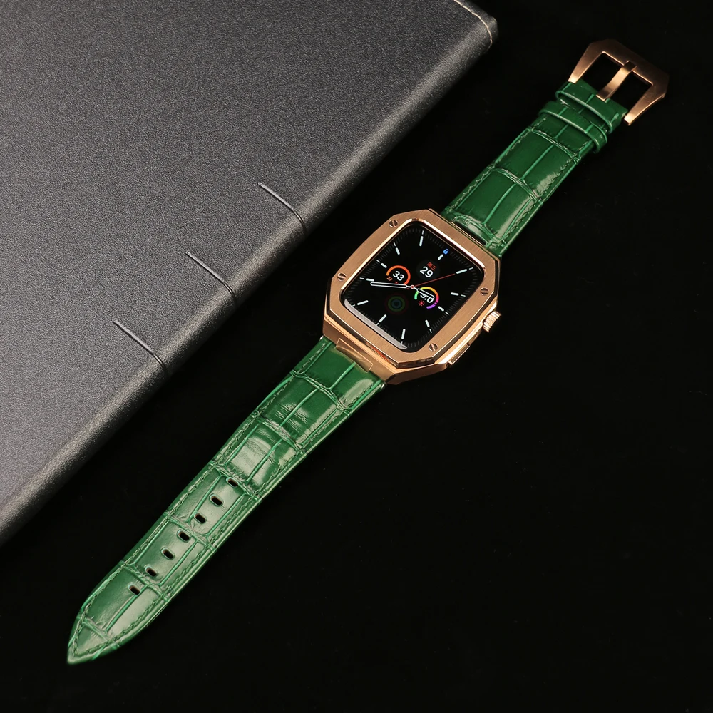 Luxury Metal Case+strap for Apple Watch band 45mm 44mm Leather Stainless Steel For iWatch 8 7 65 Modification Kit watch case Mod