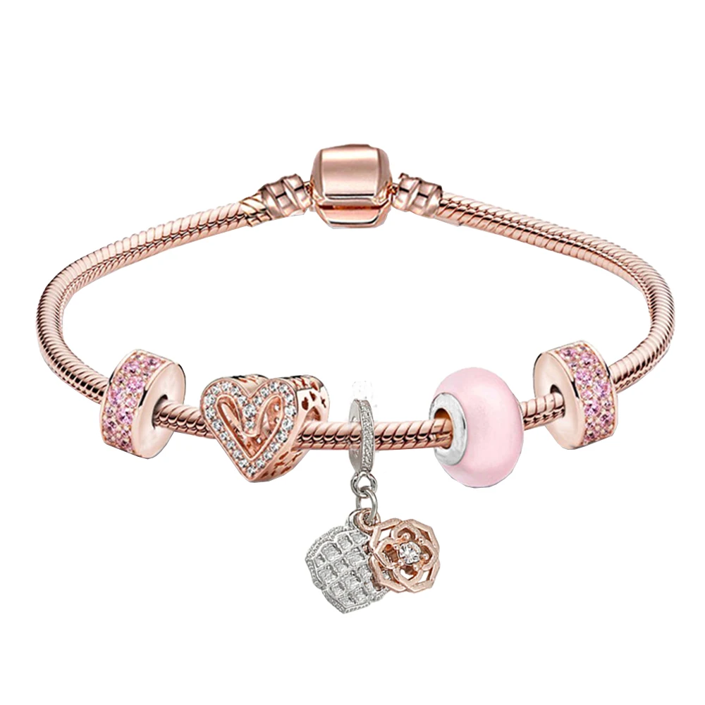 

925 Silver Heart Shaped Glass Beads Snake Chain Bracelet fit Luxury Engagement Original Classic Jewelry Gift for Ladies