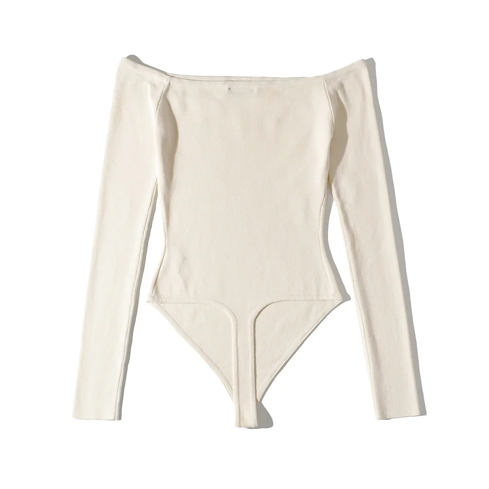 Dave&Di 2023 France Style Vintage Off Shoulder Hollow Out Sexy Office Lady Simple Fashion Knitted Bodysuits Women Tops