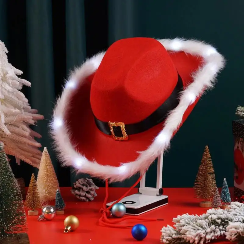 

Ковбойские шапки в стиле Санта Клауса, светящиеся рождественские шапки, ковбойская Кепка с красными фетровыми широкими полями в западном стиле джаза, кепка, подарок для женщин и девушек, мужчин