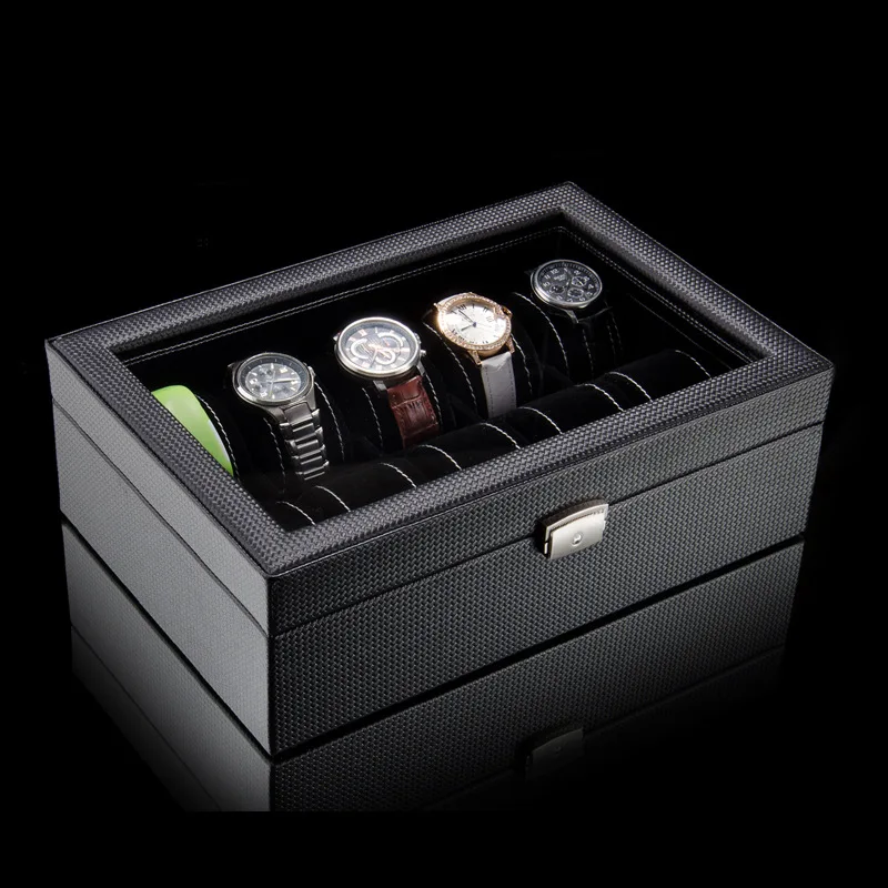 Carbon fiber leather 10-position watch finishing display box watch mechanical watch jewelry storage box skylight with lock box