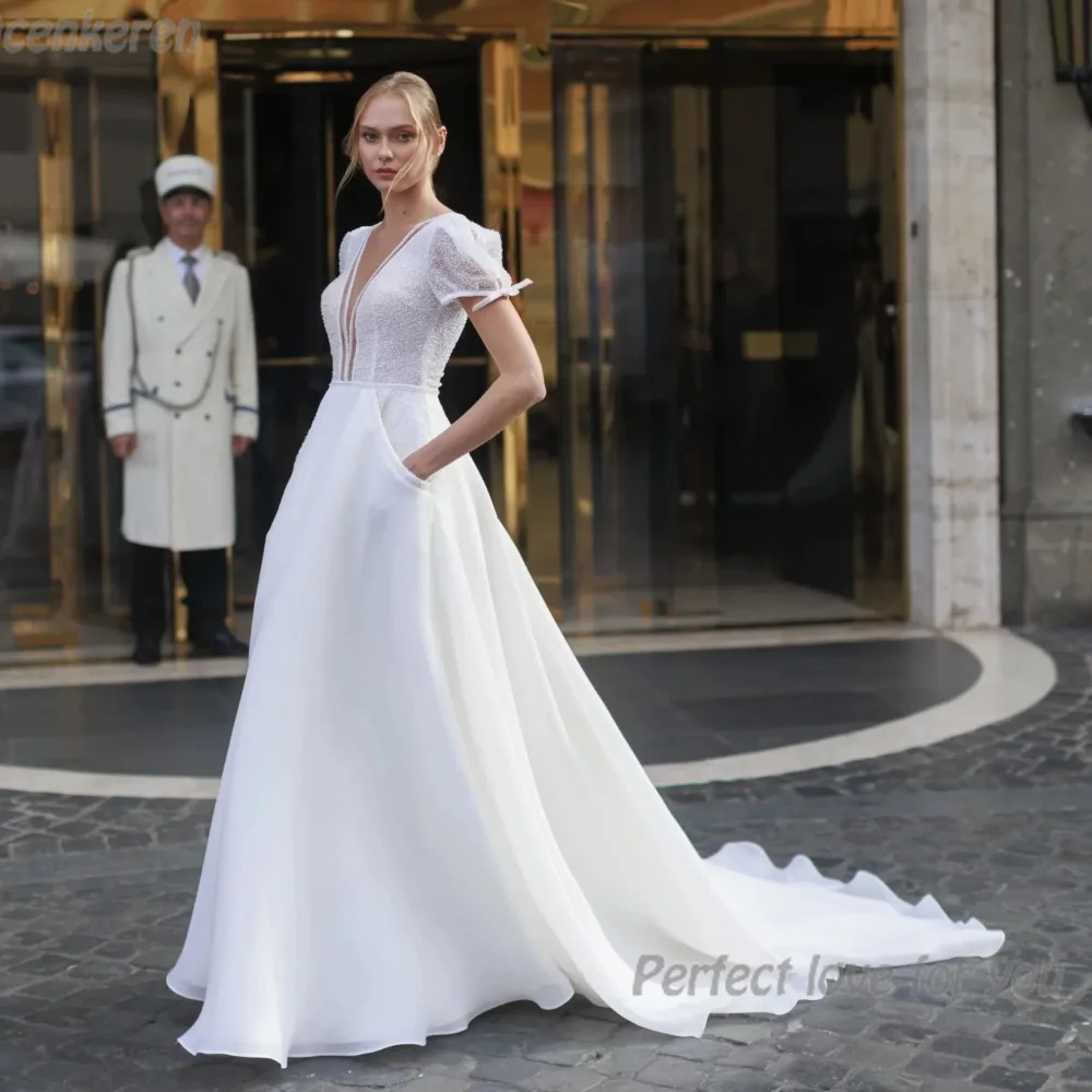 

Простые Свадебные платья Qcenkeren с V-образным вырезом длиной до пола, элегантные кружевные белые свадебные платья с бисером для романтичных женщин 2023