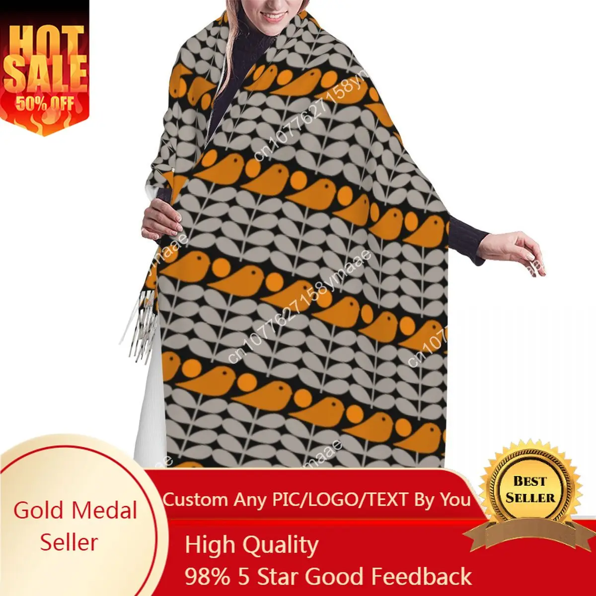 

Custom Saudi Arabia Orla Kiely Birds Tassel Scarf Women Soft Shawl Wrap Ladies Winter Fall Versatile Female Scarves