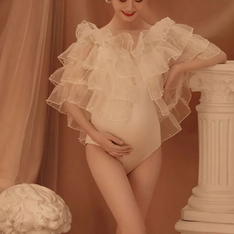 

Sexy Shoulderless Bodysuit Rulles Tulle Pregnancy Dress White Maternity Photography Dresses for Photo Shoot Prop Accessories