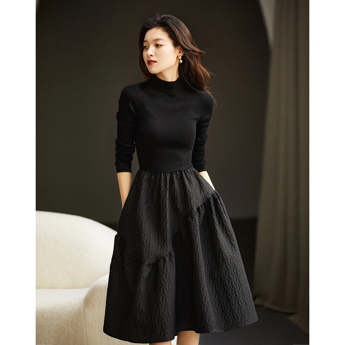

Fashion Autumn Winter Women Patchwork Knitted Midi Dress Casual O-neck Long Sleeve Party Office Lady Elegant Hem Slim Dresses