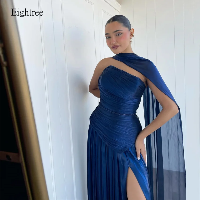 Фото Современное вечернее платье Eightree A-Line королевского синего цвета с боковым разрезом, плиссированное, с накидкой, блестящее, в пол, для вечеринок, на заказ №1