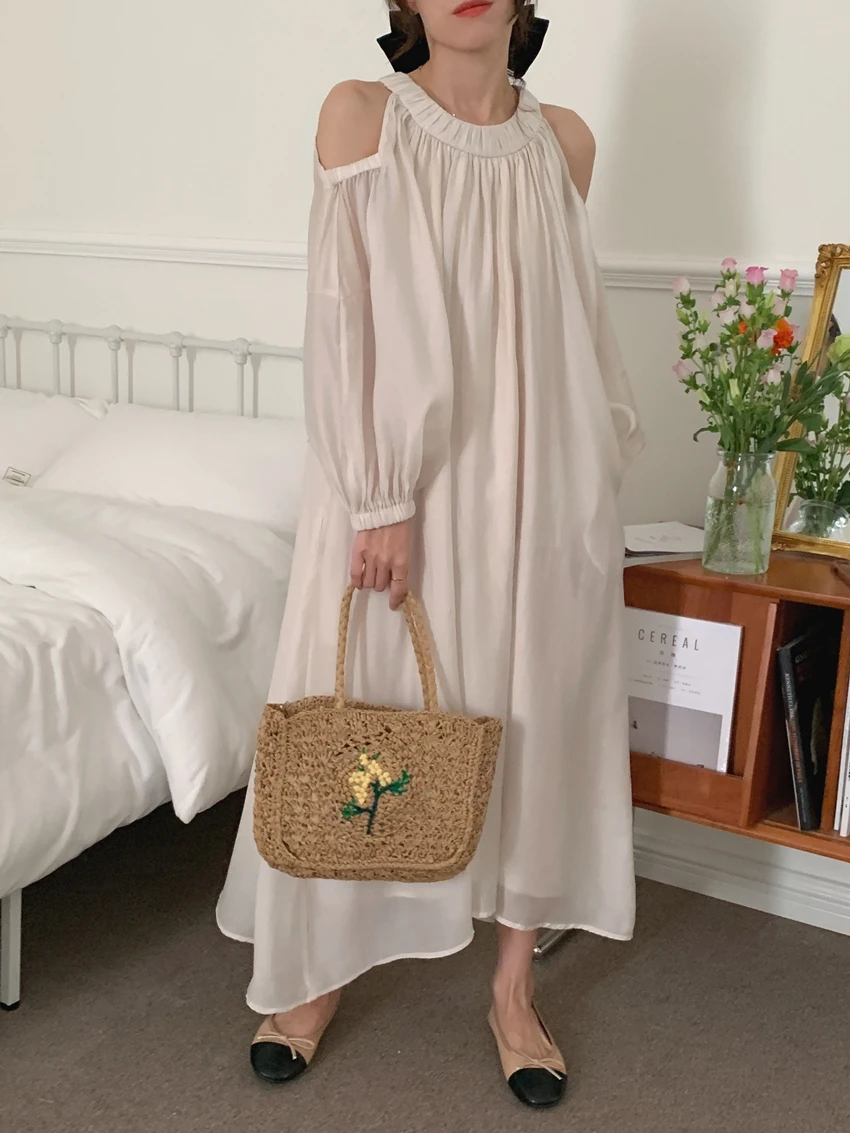 

4Colors Women Summer Strapless Elegant Long Dress 2022 O neck Off Shoulder Long Puff Sleeve Midi Dresses Female Clothes (t1151
