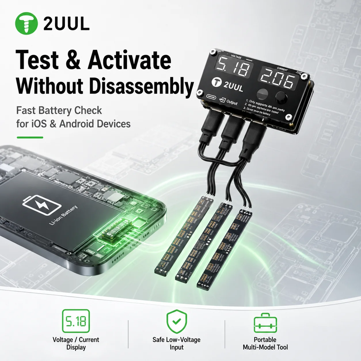 Фото Плата активации аккумуляторов 2UUL BT05 без разборки для iOS/Android, 3-канальный инструмент для тестирования, активации и ремонта аккумуляторов телефонов №5