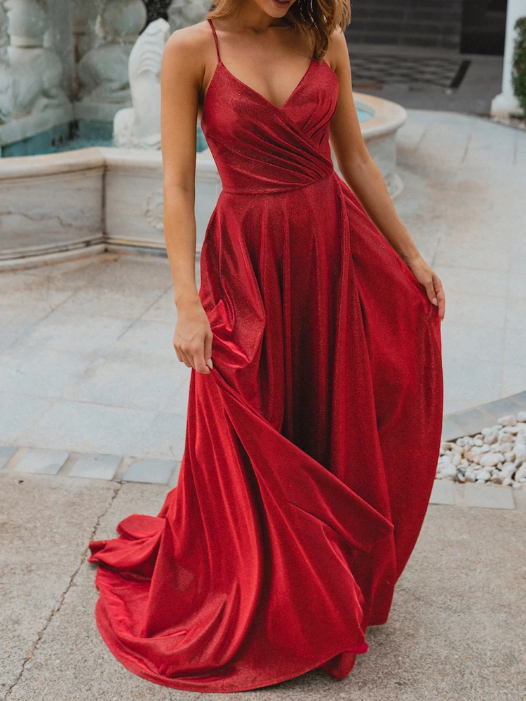 

Bling Summer Fabric Spaghetti Strap V Neck Sexy Backless Lace Up Criss-Cross Dresses Women Long Pleated Evening Party Dress 2022