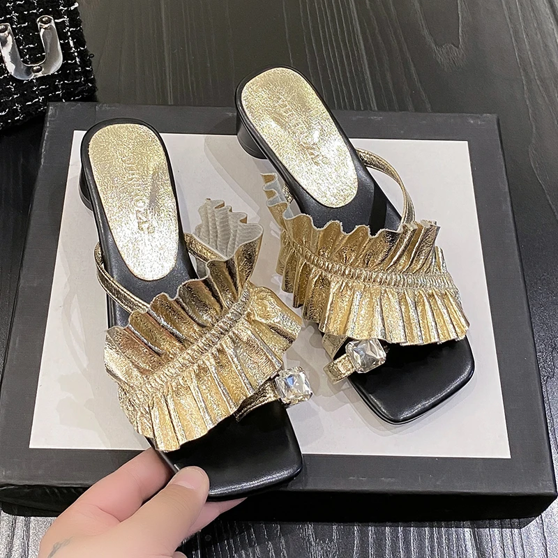 Women's Clip Toe High Heel Slippers 2023 Summer Lace Crystal Design Square Toe Sandal Fashion Sexy Party Women Shoes Gold Silver