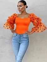 women blouses polka dot see through thin transparent flare sleeves backless tops fashion party evening elegant sexy bluas 2022