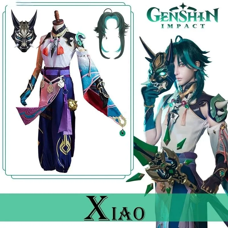 

Костюм для косплея Genshin Impact Xiao, аниме-фигурка, костюм на Хэллоуин, парик, маска для ролевых игр, одежда для вечеринки, униформа