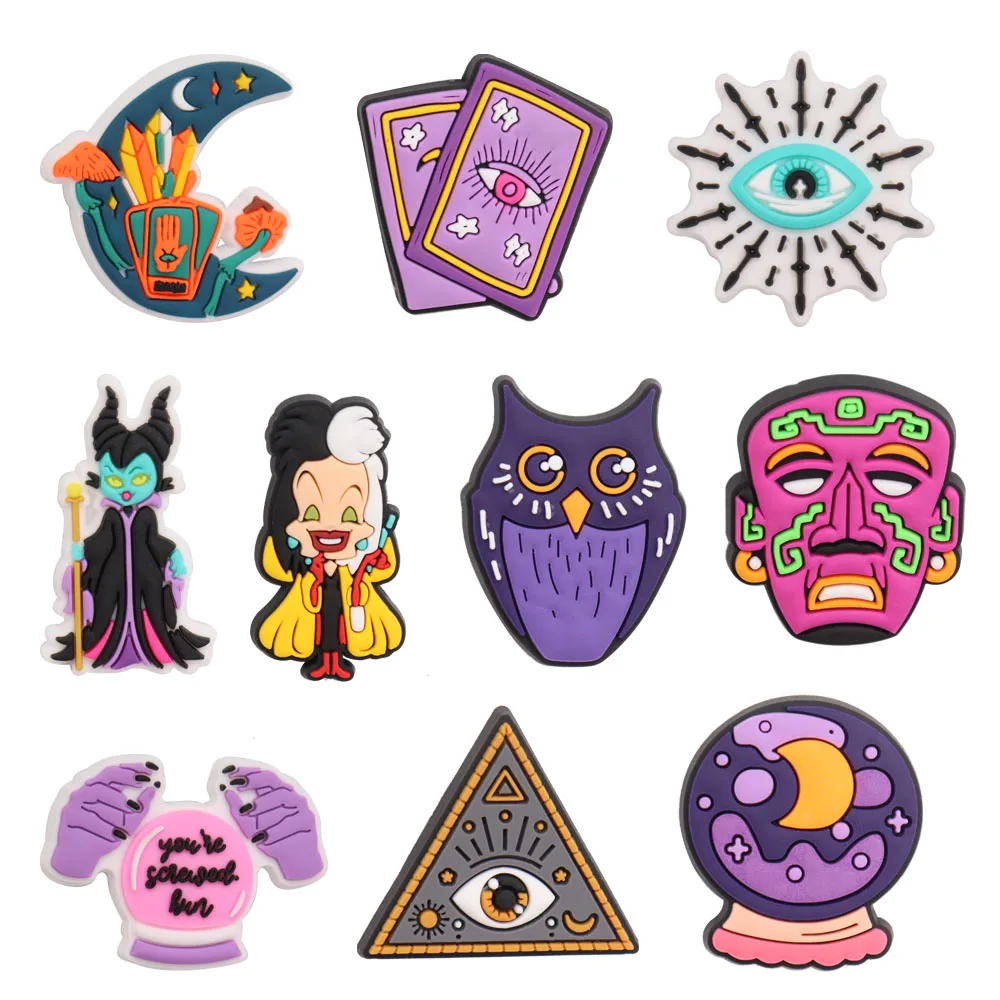 

1-10PCS PVC Croc Charms Moon Card Eye Weird Woman Witch Owl Mask Crystal Ball Croc Slipper Accessories Sandals Shoes Decoration