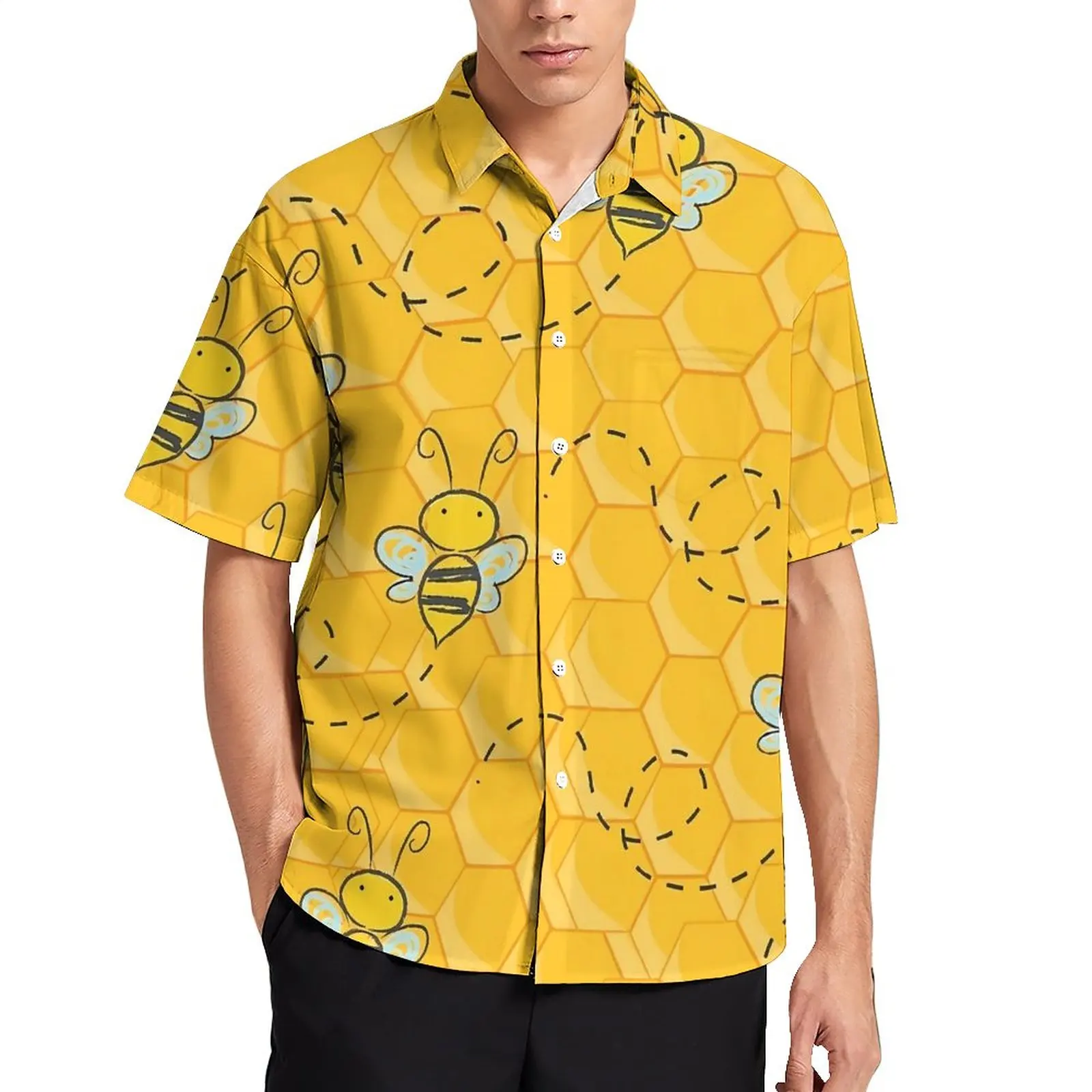 

Hives Print Blouses Mens Honey Bee Casual Shirts Hawaiian Short-Sleeve Printed Aesthetic Oversized Vacation Shirt Gift