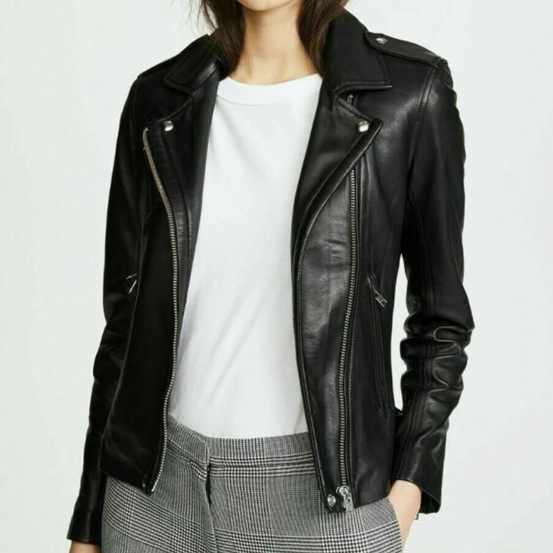 Black Leather Jacket with 100% Genuine Lambskin Stylish Woman Jacket